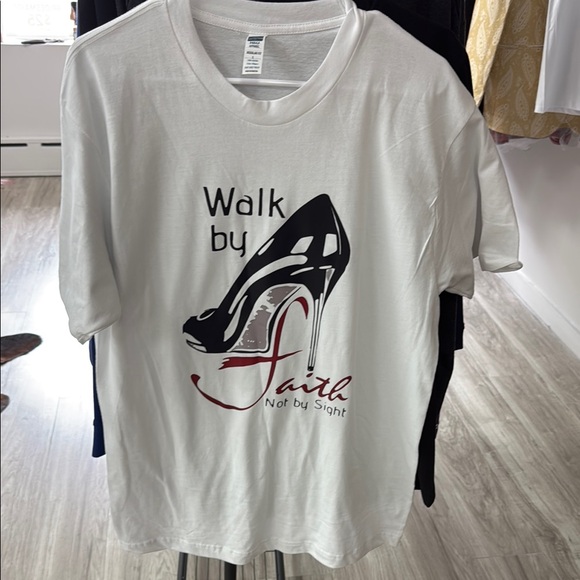 h&u Apparel Tops - White Graphic T-Shirt with High Heel Design